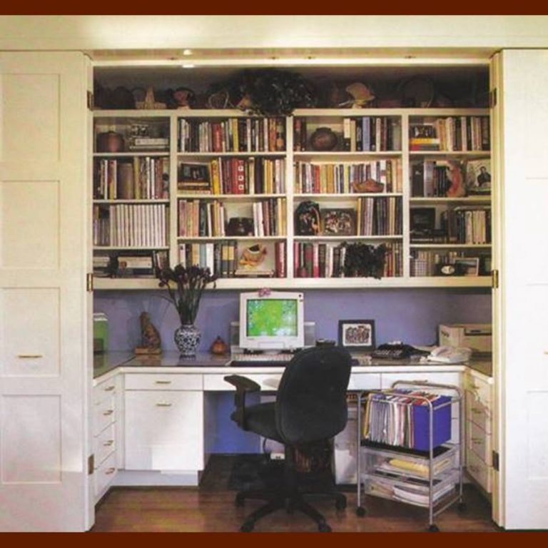 Built-in "Office in a Closet" with Wall to Wall Bookshelves